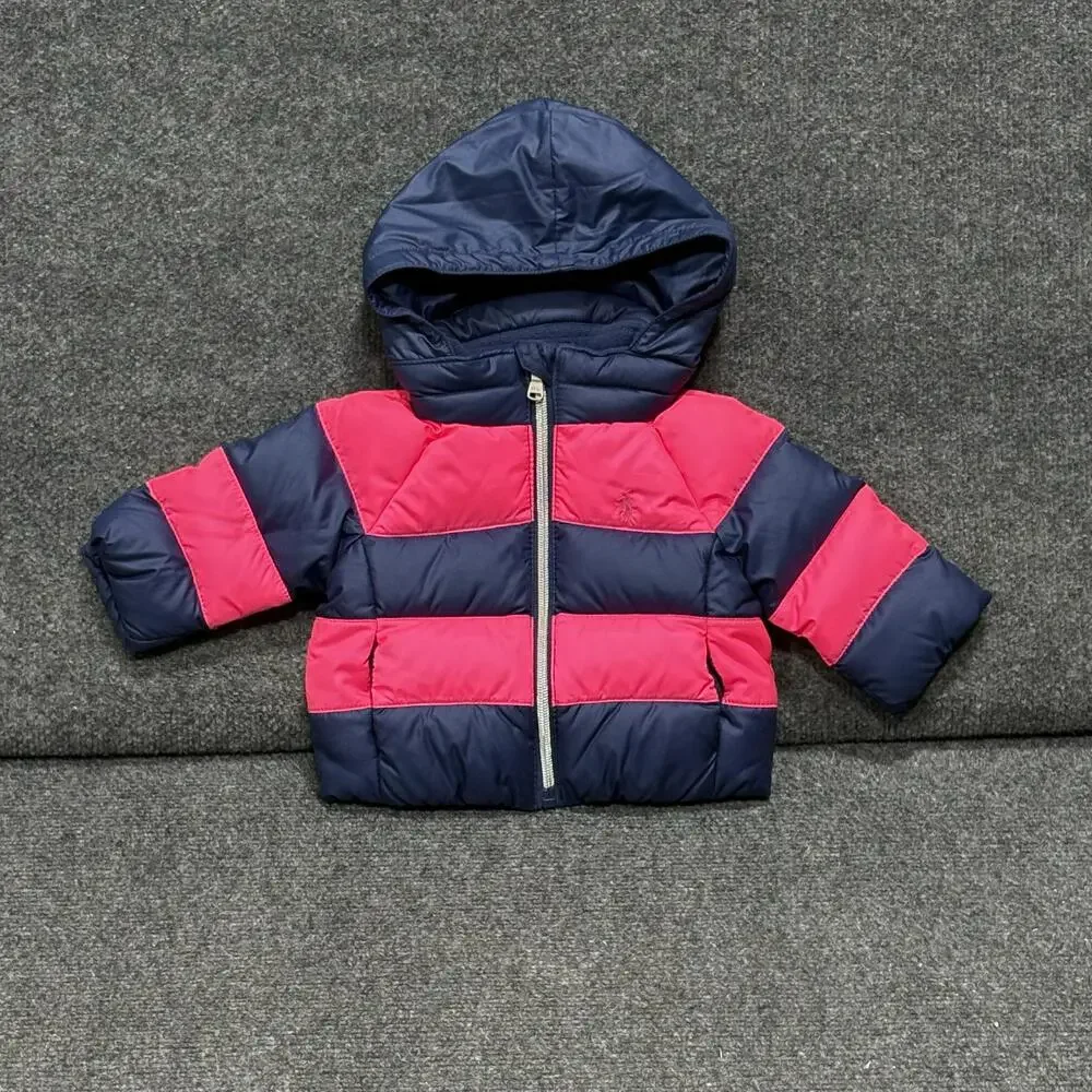 Ralph Lauren Jacket Infant Girls 3M Pink Navy Striped Hooded Down Puffer Winter